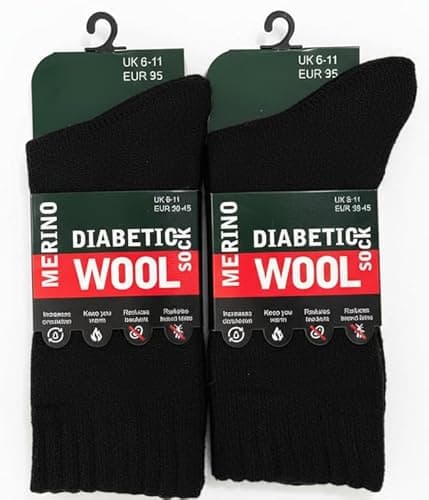 Image of ITRAT Men’s Merino Wool Diabetic Socks UK Size 6–11 – Soft, Non-Binding Thermal Socks Breathable & Cushioned Comfort Fit for Sensitive or Swollen Feet (Black)