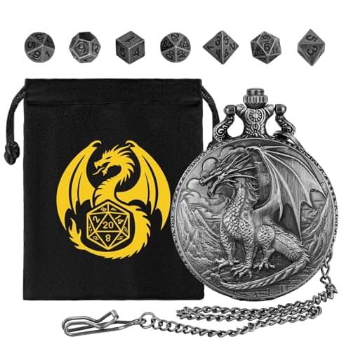 Image of DND NURD Mini DND Dice Set with Steampunk Dragon Pocket Watch Shell Case, 7pcs Polyhedral Metal DND Dice Set, D&D Gifts with Dragon logo Gift Bag, Role Playing Board Games Accessories, Silver