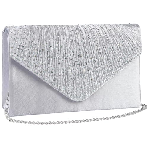 Image of wocharm Womens Ladies Satin Diamante Clutch Bag Envelope Handbag Evening Bridal Bag Wedding Fashion Prom Vintage Shoulder Bags(Silver)