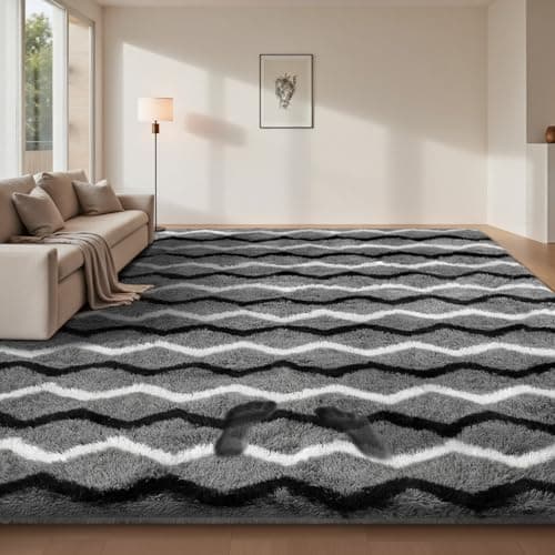 Image of Sour Lemon Rugs Living Room 160x230cm, Dark Grey and Black White Striped Area Rug for Bedroom Anti Slip, Extra Large Shaggy Fluffy Rug, Modern Washable Floor Carpets, Bedside Rugs for Kids Room