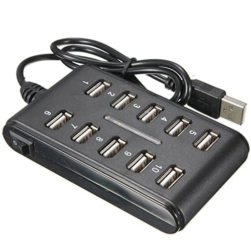Image of LUPO 10 Ports HUB - Slim High Speed USB 2.0 Multi Expansion - Plug and Play - Compatible with PC Windows and Mac Computers - Mains Power Option - On/Off Switch - BLACK