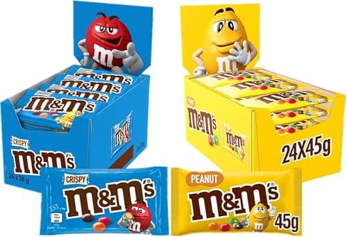 Image of M&Ms Crispy & Peanut Bulk Box, Milk Chocolate Gifts & Movie Night Snacks, 24x36g Crispy, 24x45g Peanut (48 bags in total)