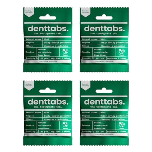 Image of DENTTABS Teeth Cleaning Tablets with Fluoride - 4 Pack of 125 - The Full-Fledged Alternative to Toothpaste Mint - Vegan, Plastic-Free, Without Preservatives - Original DENTTABS Compostable Bag