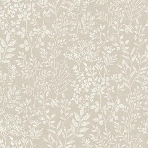 Image of Grandeco Embroidery Stitched Organic Foliage Trail Wallpaper, Neutral