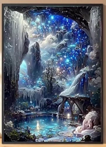 Image of Fantasy Winter Cave Wall Art, LED Light-up Canvas Print, 3D Ice Waterfall Scene, Mystical Forest Landscape