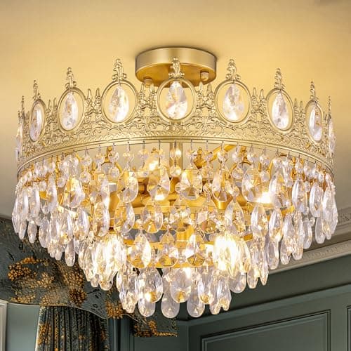 Image of TOCHIC Flush Mount Ceiling Light Fixture, Modern Farmhouse Crystal Chandelier 6 Lights Gold Semi Flush Mount Ceiling Lighting for Bedroom, Dining Living Room, Kids Room, Foyer, 18” W