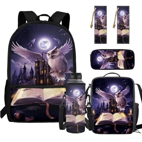Image of Ratozent Owl Backpack for Girls Kids Backpacks with Lunchbox Pencil Case Water Bottle Sleeve and Bookmarks 5 Pcs Set Kids School Bags with Front Pocket for Elementary School Girls Book Bags