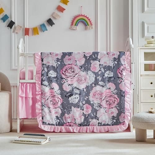 Image of 3 Pieces Flowers Mini Crib Bedding Set Baby Ruffled Quilted Comforter with Fitted Sheet and Bed Skirt - Cute Ruffled Shabby Chic Baby Bedding Soft Gray Pink Rose Floral Design