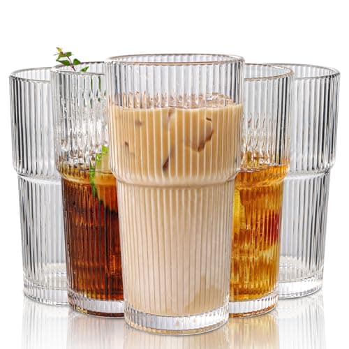 Image of WeirdUncle Set of 6 Oversize Ribbed Glassware,20oz Vintage Clear Glass Tumbler, Origami Style, Fluted Design, Ideal for Water, Iced Coffee, Juice, Milk Tea, Beer, Housewarming Gift