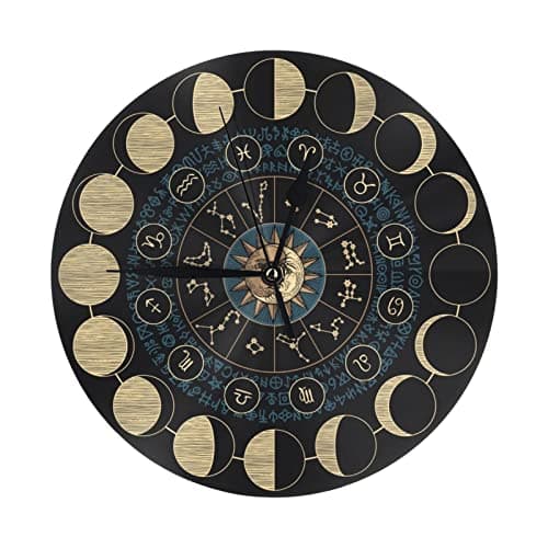 Image of Oudrspo Moon Phases Sun Zodiac Mysterious Astrology Wall Clock Silent Non-Ticking Round Wall Clock Bathroom Kitchen Clock 10in