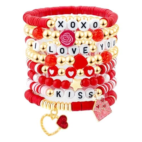 Image of FUNOJOY 7PCS Love Heart Bracelet for Women Stackable Bracelet Set Adjustable Elastic Bracelet, Cute Valentines Day Gifts for Her, Best Friends, Wife, Women, M, Acrylic, Agate