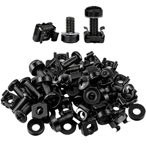 Image of Calolin 100 Sets M6 Rack Screws Kit, M6 x 16 mm Black Zinc Plated Steel Screws with Cage Nuts and Washers, Square Rack Mount Hardware Set with Storage Box for Server Cabinets