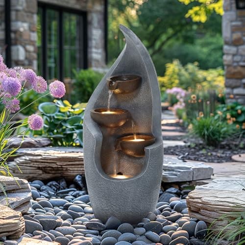 Image of CHARLES BENTLEY 3 Tier Water Feature, UV Resistant, Weather Resistant, Mains Powered, Plug Included, Frost Resistant, Modern, Water Fountain, Built In LED Lights, Bronze, Polyresin (67x27.5x27cm)