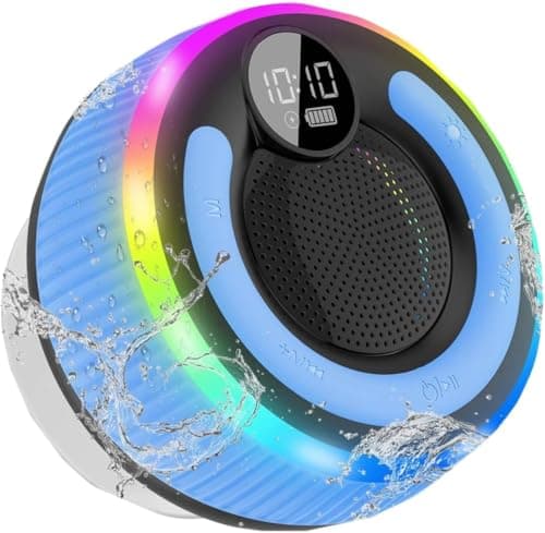 Image of AOSRAU Bluetooth Shower Speaker, 2025 Portable Bluetooth Speaker 5.3 with Time Display, IPX7 Waterproof with Suction Cup, RGB Lights, Stereo Bass, Wireless for Bathroom/Party/Travel/Outdoor, Blue