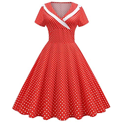 Image of IWEMEK Women 1950s Vintage Retro Rockabilly Dress Lapel V-Neck Slim A-line 50s 60s Pinup Audrey Hepburn Style Polka Dot Swing Dresses Summer Casual Pageant Party Cocktail Evening Gown Red XL