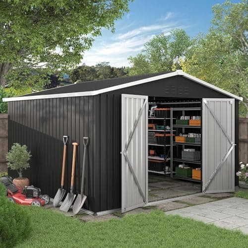 Image of UDPATIO Outdoor Storage Shed 10x10 FT, Outside Sheds & Outdoor Storage Metal Galvanized Steel Yard, Patio, Lawn, Tool Shed with Lockable Door for Can, Bike, Lawnmower, Generator,Dark Grey