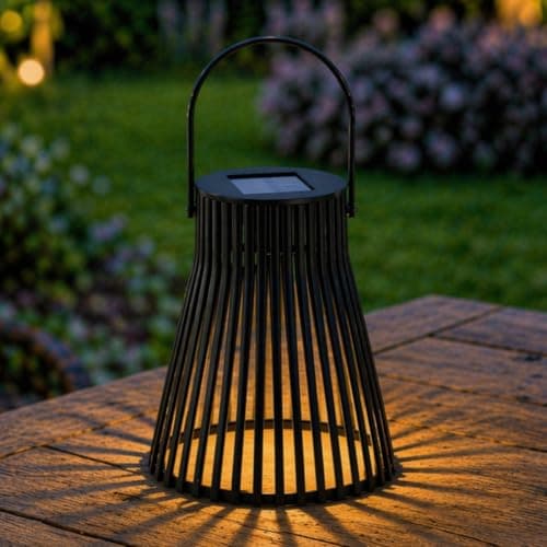 Image of Festive Lights - Solar Powered Black Slatted Garden Lantern – 14cm Outdoor Lighting, Warm White Static LED, Hanging or Tabletop Patio & Decking Decoration, IP44 Waterproof