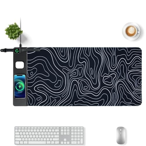Image of VOVIPO 3 in 1 Wireless Charging Mouse Pad, Desk Mat with Wireless Charger Multiple Devices Compatible with Watch/iPhone/Airpods, Large Desk Mat(90 x 40cm) for MacBook, PC, Laptop-Black Topographic