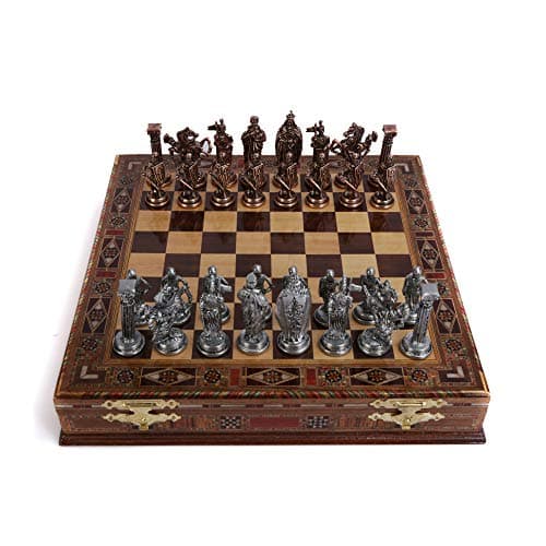 Image of Royal Medieval British Army Antique Copper Metal Chess Set for Adults,Handmade Pieces and Natural Solid Wooden Chess Board with Storage Inside King 3.35inc