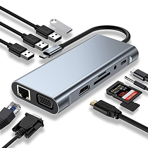 Image of USB C HUB, Docking Station, 11-in-1 USB C Adapter with 4K-HDMI, VGA, USB 3.0 port, Type C PD, RJ45 Ethernet, SD/TF Card Reader, 3.5mm AUX, Compatible with MacBook Pro/Air, More Type C Devices