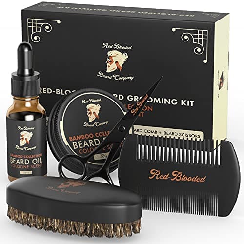 Image of Red-Blooded Beard Grooming Kit for Men Complete Set with Beard Oil, Beard Balm, Beard Brush, Beard Comb & Beard Scissors. Cologne Scented made with Jojoba Oil and Macadamia Oil Mens Beard Grooming Kit