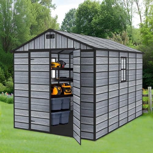 Image of BIRCHTREE 8X10FT Plastic Garden Shed with Floor Apex Roof Wood Grain Effect Fade Free All Weather Resistant Lockable Door Outdoor Storage Box Air Vent&Window Garden Tool Shed Low Maintenance Grey