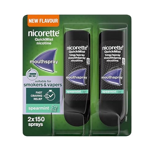 Image of Nicorette QuickMist Mouthspray, New Spearmint Flavour (2x150 Sprays), Quit Smoking or Quit Vaping aid, Starts to Reduce Cravings in 30 Seconds, New mild Mint Flavour (Quit Smoking or Quit Vaping aid)