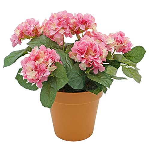 Image of GreenBrokers Premium Quality Artificial Pink Hydrangea Flower Bush in Terracotta Coloured Pot (50cm) with Nine Flower Clusters for Home or Outdoor Living