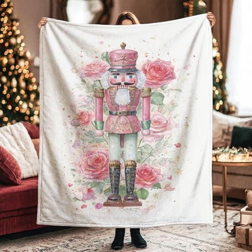 Image of Throw Blanket Nutcracker Christmas Fanciful Flower Stars Christmas Peach Fleece Blanket Lightweight Comfortable Travel Blankets, For Outdoors, Travel, Office, Bedroom, 125x150cm