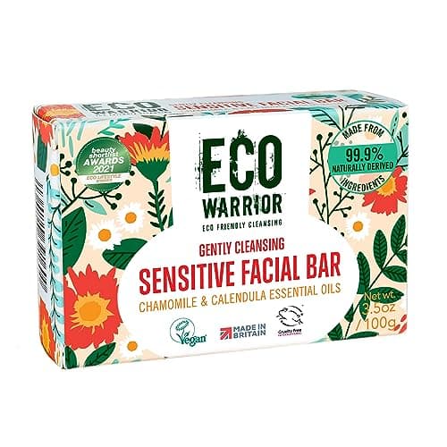 Image of Eco Warrior Sensitive Facial Bar Soap | Vegan, Cruelty-Free, No SLS or Parabens, Eco Friendly - Gently Cleansing Natural Soap Bar Made with Castile Olive, Chamomile & Calendula Essential Oils, 100g