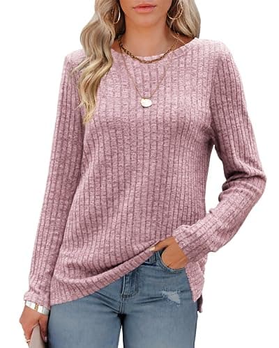 Image of Odosalii Sweater for Women Trendy Long Sleeve Tops Solid Color Comfy Round Neck Pullover Basic Loose Fit Tunic Tops Lightweight Stripe Jumpers