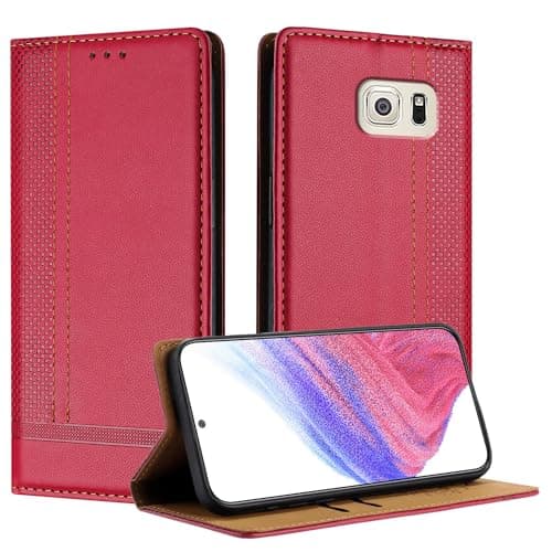 Image of Mo-Beauty for Samsung Galaxy S6 Edge Case, Leather Flip Wallet Cover Compatible with Samsung S6 Edge with [Card Slots] [Kickstand] [Magnetic] (Red)