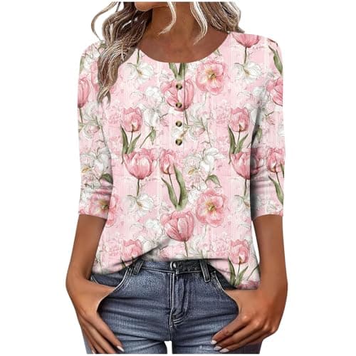 Image of Lightweight Pleated Blouses Hawaiian Floral Printed Activewear Y2K Clothes Women's T Shirts Casual 3/4 Length Sleeves Boho Trendy Tees Tunic Women's Tops Crew Neck Button Up