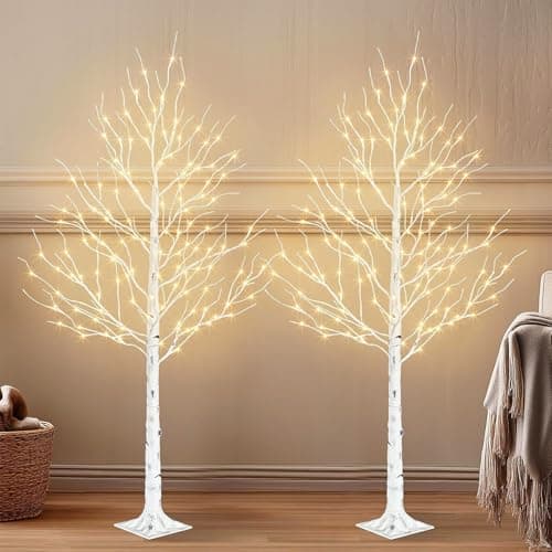 Image of EAMBRITE 6FT Christmas Twig Tree with Warm White LEDs, Prelit Christmas Tree with Dimmer & Timer, Twig Trees with Lights for Garden Party Indoor and Outdoor Christmas Decorations (2PK)