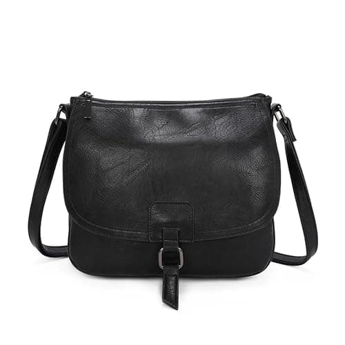Image of Leeray® Women Crossbody Satchel Handbag with Full Flap - Black - Adjustable Long Strap, Zip Closure, Faux Leather Shoulder Bag for Casual & Travel Use