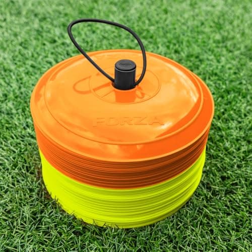 Image of FORZA Near Flat Training Marker Cones [10 Pack] | 50 Pack of 9in Wide, Ultra-Durable Cones - Perfect for Football, Rugby, Hockey & More (Orange & Yellow)