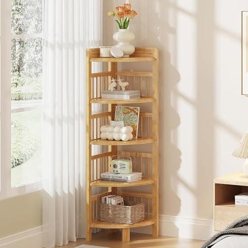 Image of Dripex 5 Tier Bamboo Corner Shelf, Narrow Bookshelf for Small Space, Floor Standing Storage Display Rack for Living Room, Bedroom, Home or Office