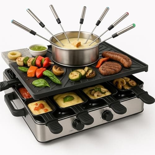 Image of Raclette Fondue Set for 8x People - Non-Stick Coating - With Pot and Table Grill Including Pan & Scraper (Fondue Set)