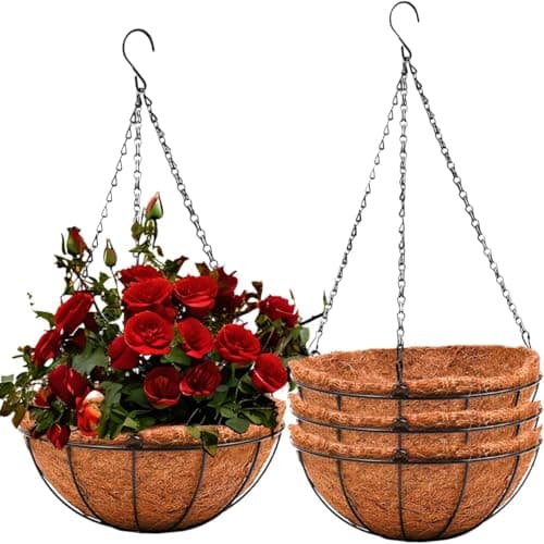 Image of LATERN 4Pcs 20CM Metal Hanging Basket with Coco Liner, Small Round Metal Hanging Flower Pots Coconut Coir Liner Planter with 40cm Black Chain for Garden Porch Balcony Patio Plant Flower Decoration
