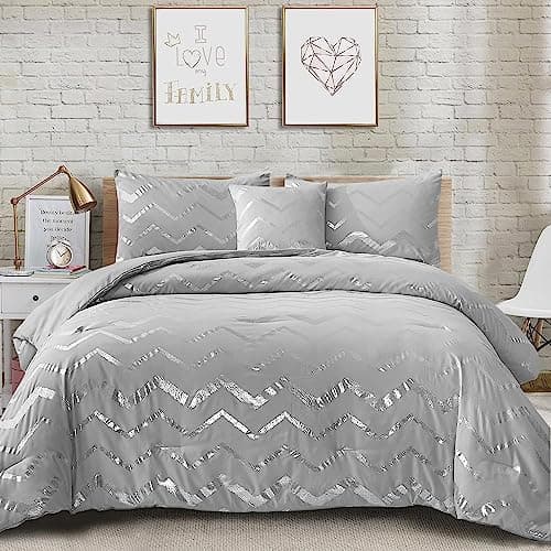 Image of Grey Metallic Silver Duvet Cover with 2 Pillowcase Geometric Striped Bedding Set,Soft Microfiber,Double Size 200x200 cm