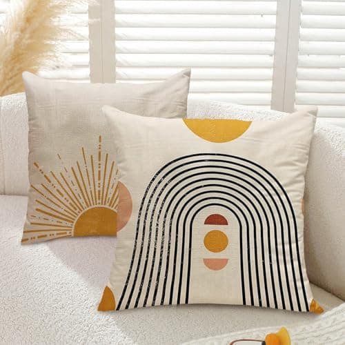 Image of Gemdoit Cushion Covers 45 x 45 cm Pack of 2 Abstract Sun Rainbow Geometric Throw Pillow Covers 18x18 Square Sofa Cushions for Living Room Home Decor