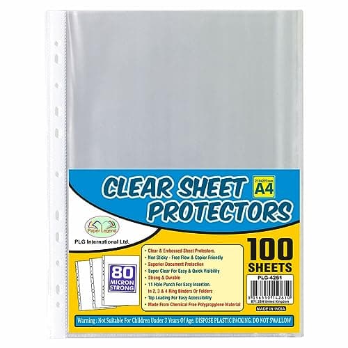 Image of A4 Strong Glass Clear Plastic Punched Pockets Filing Folders 80 Micron Heavy Duty Sheet Protector Wallet Document File Binder Poly Pockets Transparent Polly Wallet Home School Office (100)