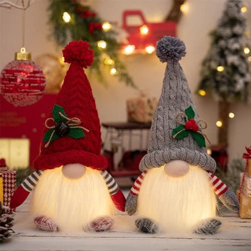 Image of DWTECH 2 Pack Christmas Gnomes Plush with LED Lighting Beard, Handmade Swedish Tomte Santa Scandinavian Figurine Nordic Plush Elf Doll Gnome Ornaments Christmas Decorations Home Decor Gifts
