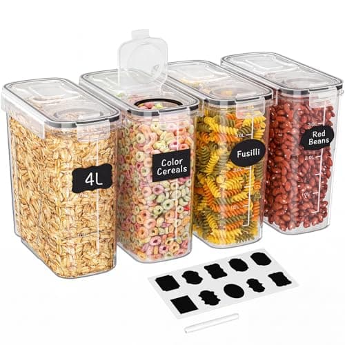 Image of Storivo Cereal Storage Containers, Food Containers, Food Storage Containers With Lids-4 Pcs 4L Airtight, BPA-Cereal Dispenser For Flour, Sugar, Pasta & Dry Food
