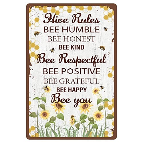Image of CREATCABIN Metal Tin Sign Hive Rules Bee Happy Retro Vintage Funny Wall Decor Art Mural Hanging Iron Painting for Home Garden Bar Pub Kitchen Living Room Office Garage Poster Plaque 8 x 12inch