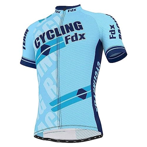 Image of FDX Cycling Jersey Men’s - Quick Dry, Breathable, Short Sleeve Cycle Tops - Full Zipped Bicycle Riding Shirt, Mountain Bike, Running, MTB Racing, Outdoor Sports Clothes (Blue M)