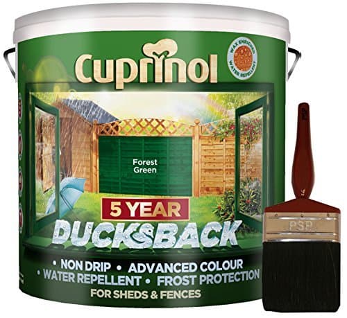Image of New 2018 Cuprinol Ducksback Shed & Fence Paint 9 Litre Forest Green. Non Drip, Water Repellent and Frost Defence. Protection for 5 Years. Includes PSP 4" fence application woodcare brush.