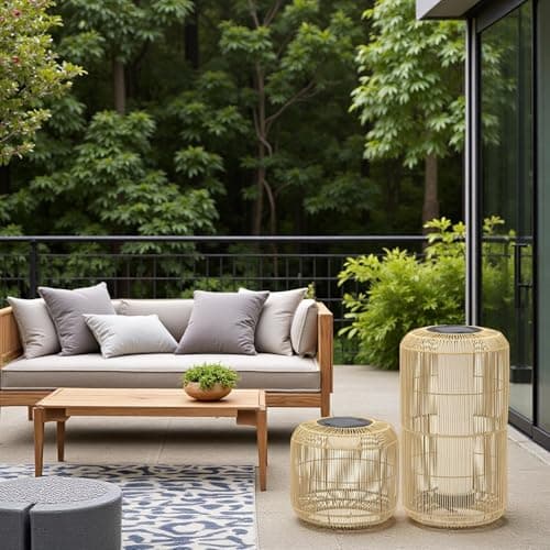 Image of Large Solar Rattan and Rechargeable Lamp Outdoor Lantern Floor Standing Lamp in a Natural Colour Finish - All Year Round use
