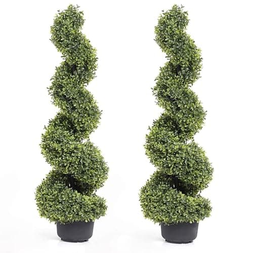 Image of momoplant Pair of 3FT Artificial Spiral Trees Faux 90cm Topiary Boxwood Plants in Pot Realistic Twist Tree for Front Door Outdoor Garden Office Home