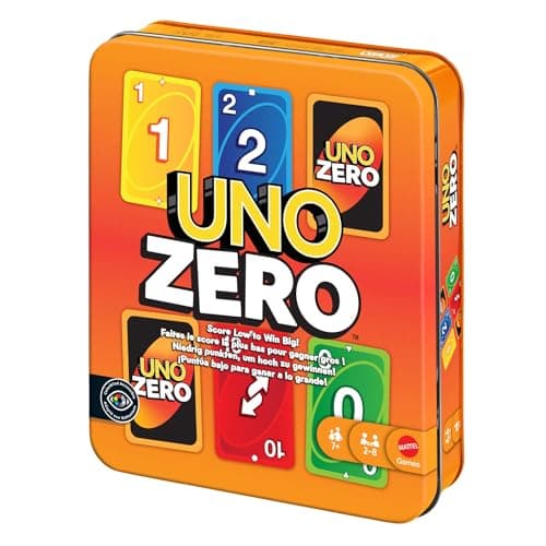 Image of Mattel Games UNO Zero Card Game in Storage & Travel Tin for Kid, Adult & Family Nights & Parties, Includes Deck & Scorecard, 2 to 8 Players Ages 7+ Years, JLK16